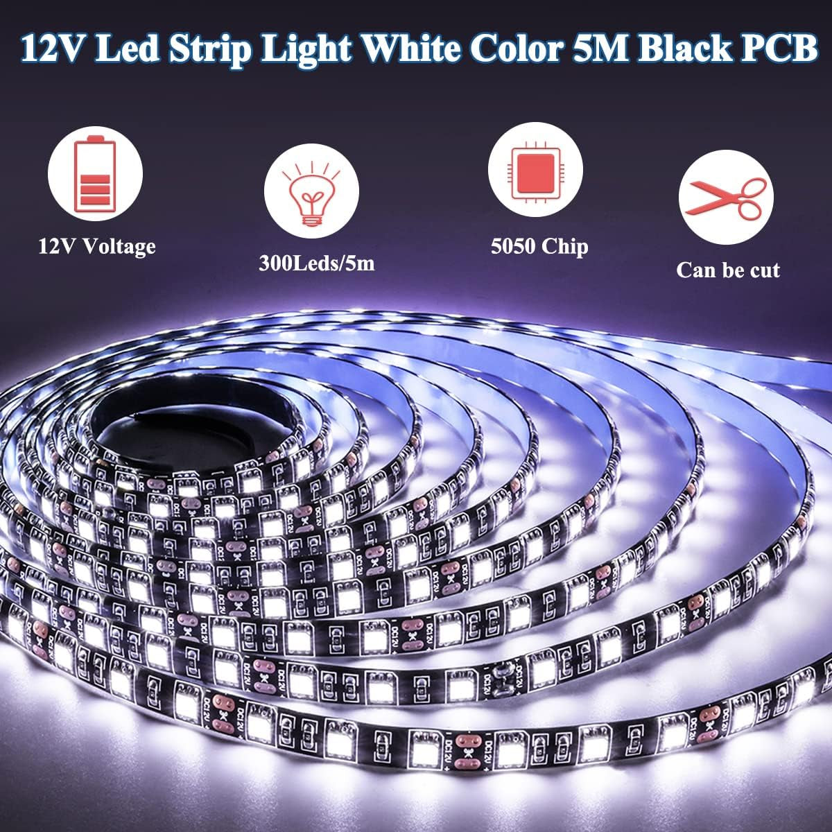 12V LED Strip Light White 6000K 16.4Ft LED Light Strip Black PCB SMD 5050 IP65 Waterproof 300 Leds Tape Rope Lights for Bedroom, Kitchen Decoration