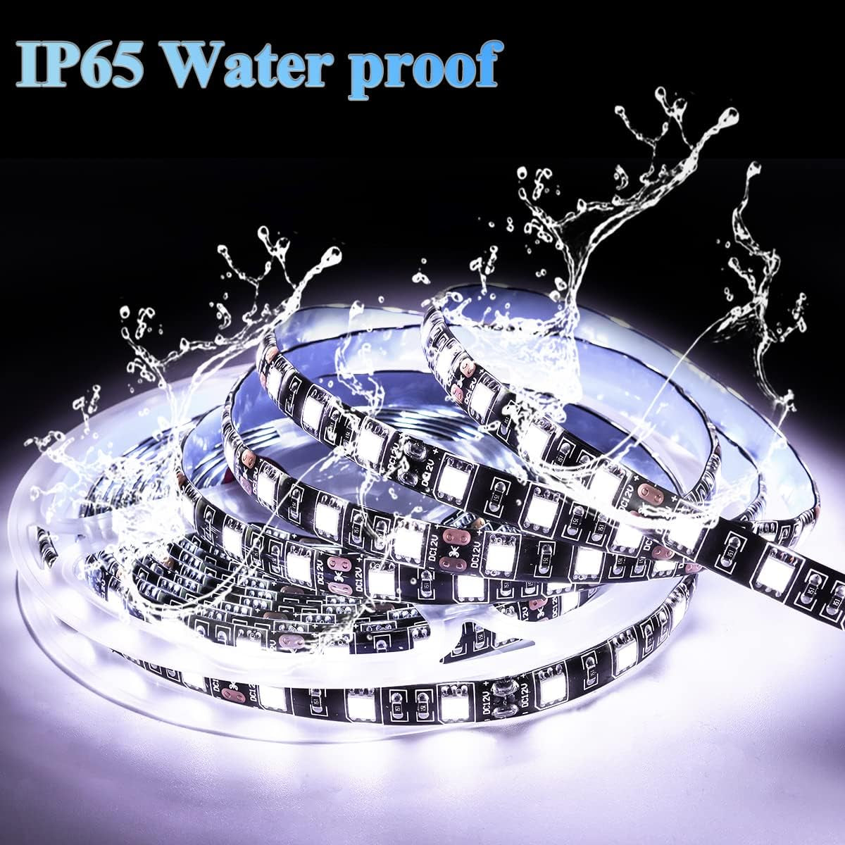 12V LED Strip Light White 6000K 16.4Ft LED Light Strip Black PCB SMD 5050 IP65 Waterproof 300 Leds Tape Rope Lights for Bedroom, Kitchen Decoration