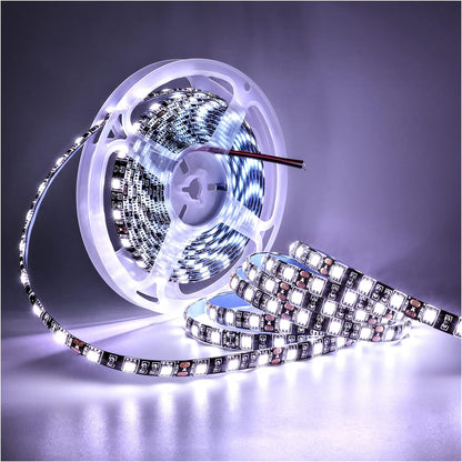 12V LED Strip Light White 6000K 16.4Ft LED Light Strip Black PCB SMD 5050 IP65 Waterproof 300 Leds Tape Rope Lights for Bedroom, Kitchen Decoration