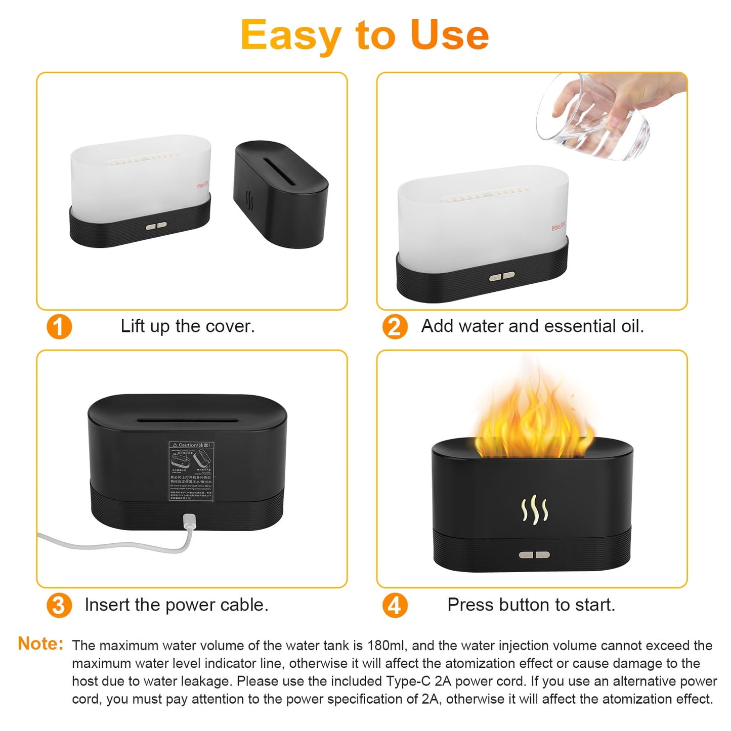 180Ml Air Diffuse Essential Oil Humidifier,  Aroma Mist Diffuser with Fire 7 Color Change LED Light for Office Room