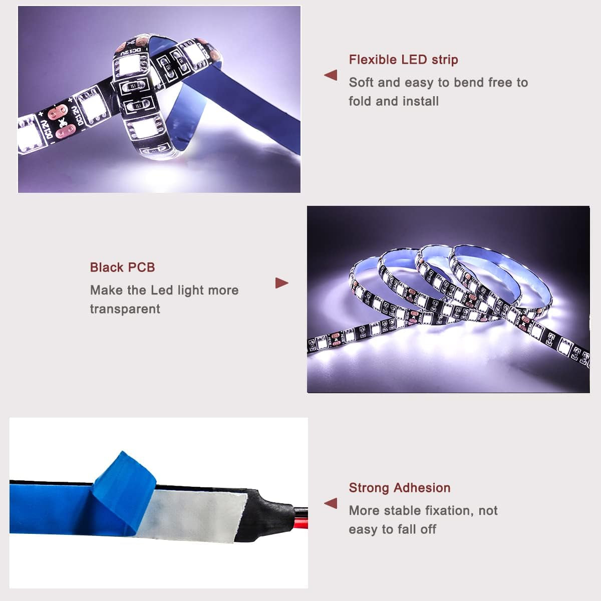 12V LED Strip Light White 6000K 16.4Ft LED Light Strip Black PCB SMD 5050 IP65 Waterproof 300 Leds Tape Rope Lights for Bedroom, Kitchen Decoration