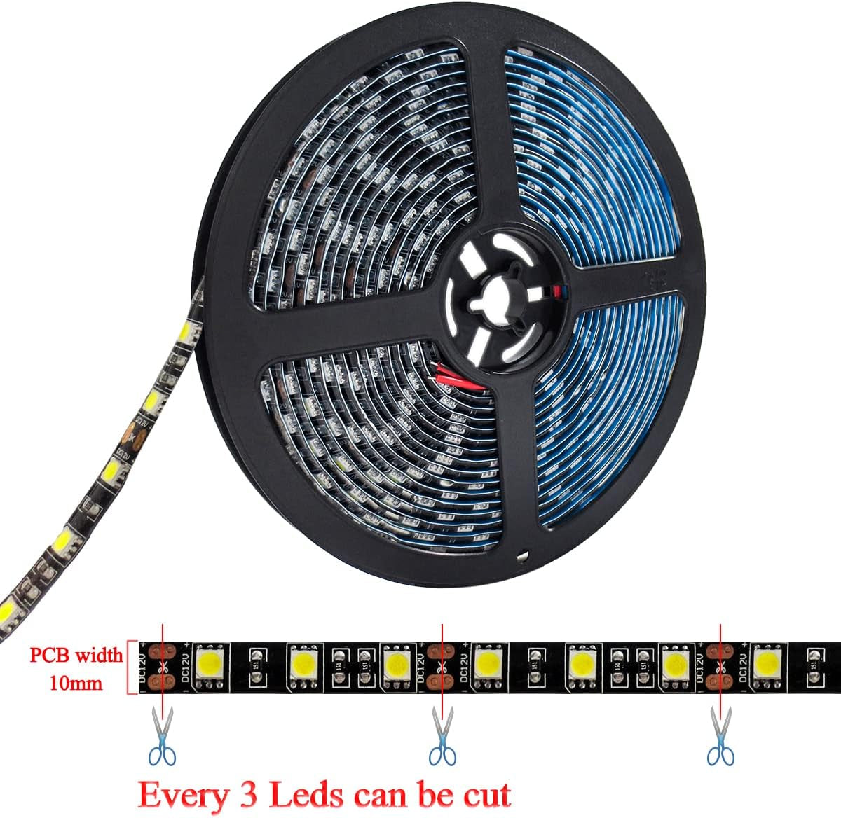 12V LED Strip Light White 6000K 16.4Ft LED Light Strip Black PCB SMD 5050 IP65 Waterproof 300 Leds Tape Rope Lights for Bedroom, Kitchen Decoration